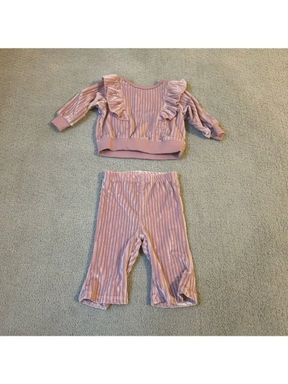 Tahari Baby Girls Pink Velour Velvet Ruffle Two Piece Outfit Size 3 Months